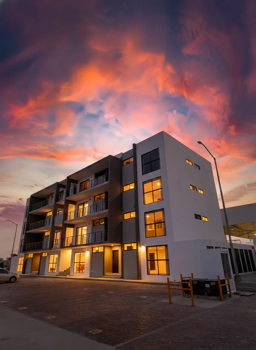 Edificio de departamentos ADORA al atardecer