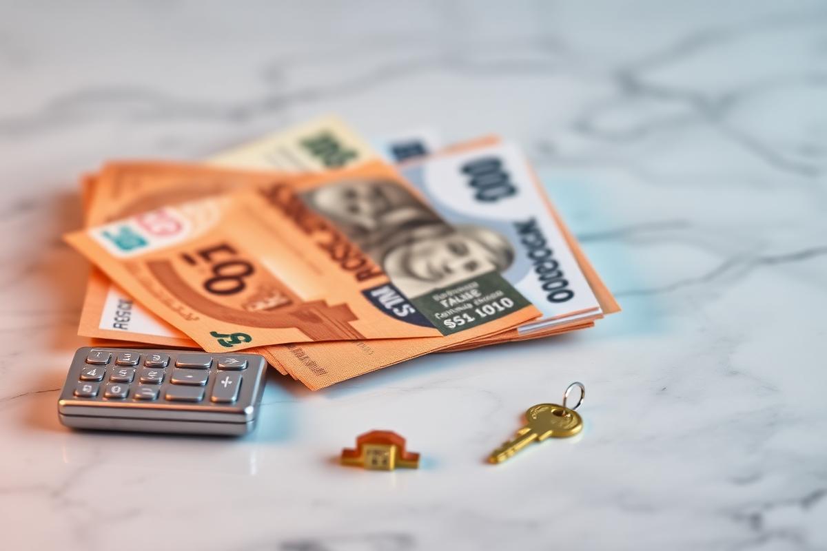 Billetes mexicanos, calculadora y llave de departamento
