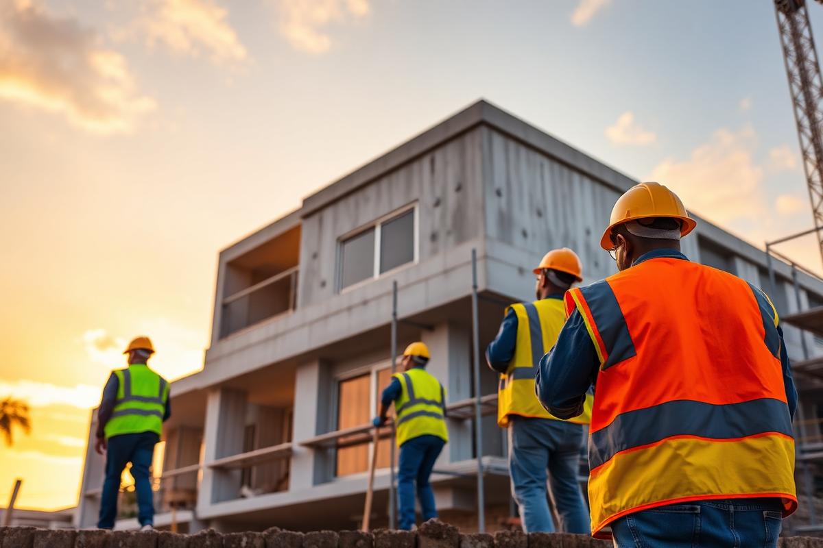 Trabajadores de construcción en obra residencial al atardecer